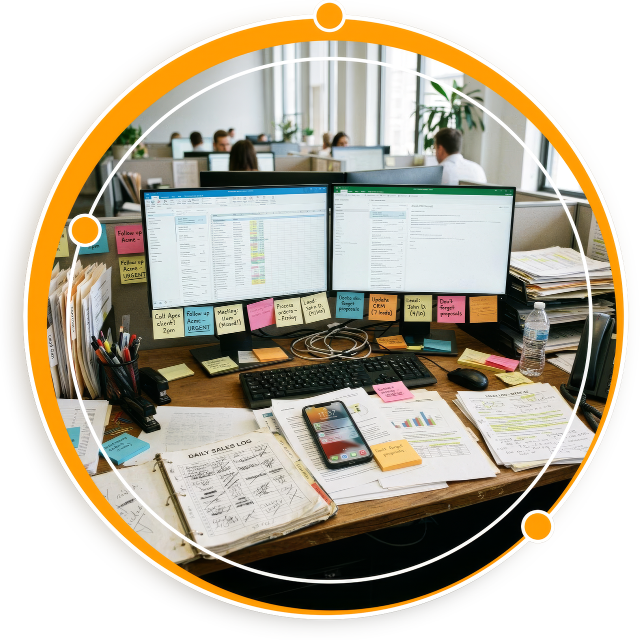Ejecutivo de ventas frustrado por gestionar oportunidades con información dispersa en diferentes plataformas.