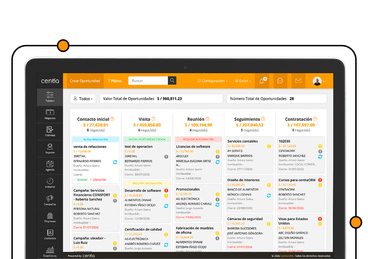 centiaCRM® para gestionar oportunidades de venta y seguimiento comercial.